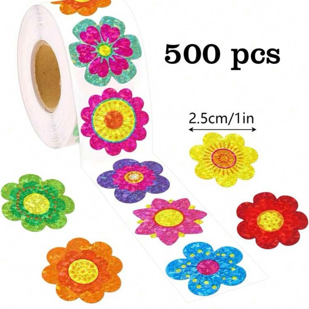 500 Roll of Bright Colors Flower Stickers Metallic & Laser Happy Rainbow Hues